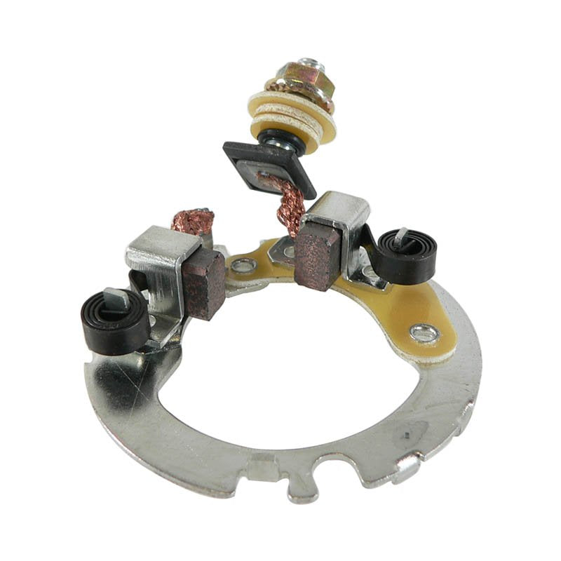Yamaha Mitsuba starter brush assembly with copper brushes and metal mounting ring on white background