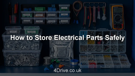 Organized electrical parts in clear plastic containers with wires and a digital multimeter on blue background