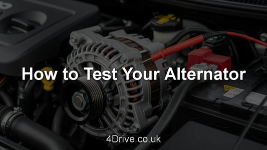 Close-up of car alternator under hood with red multimeter probe testing battery connection