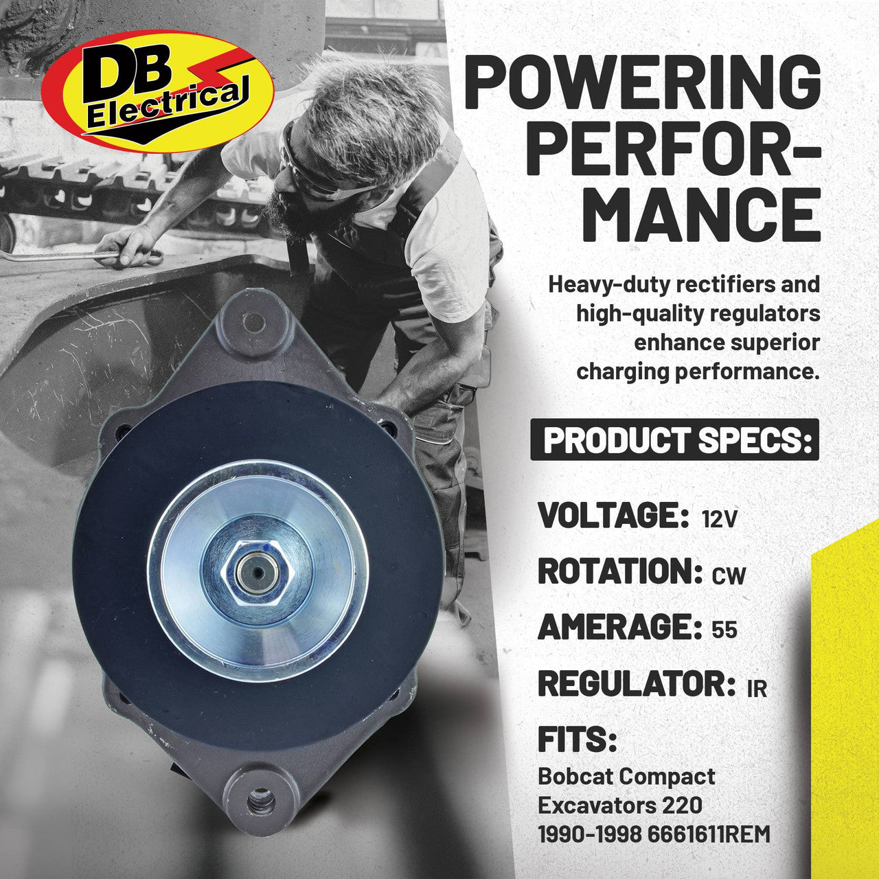 Alternator for Bobcat and Clark Skid Steer Loaders - 12V 55A IR/EF