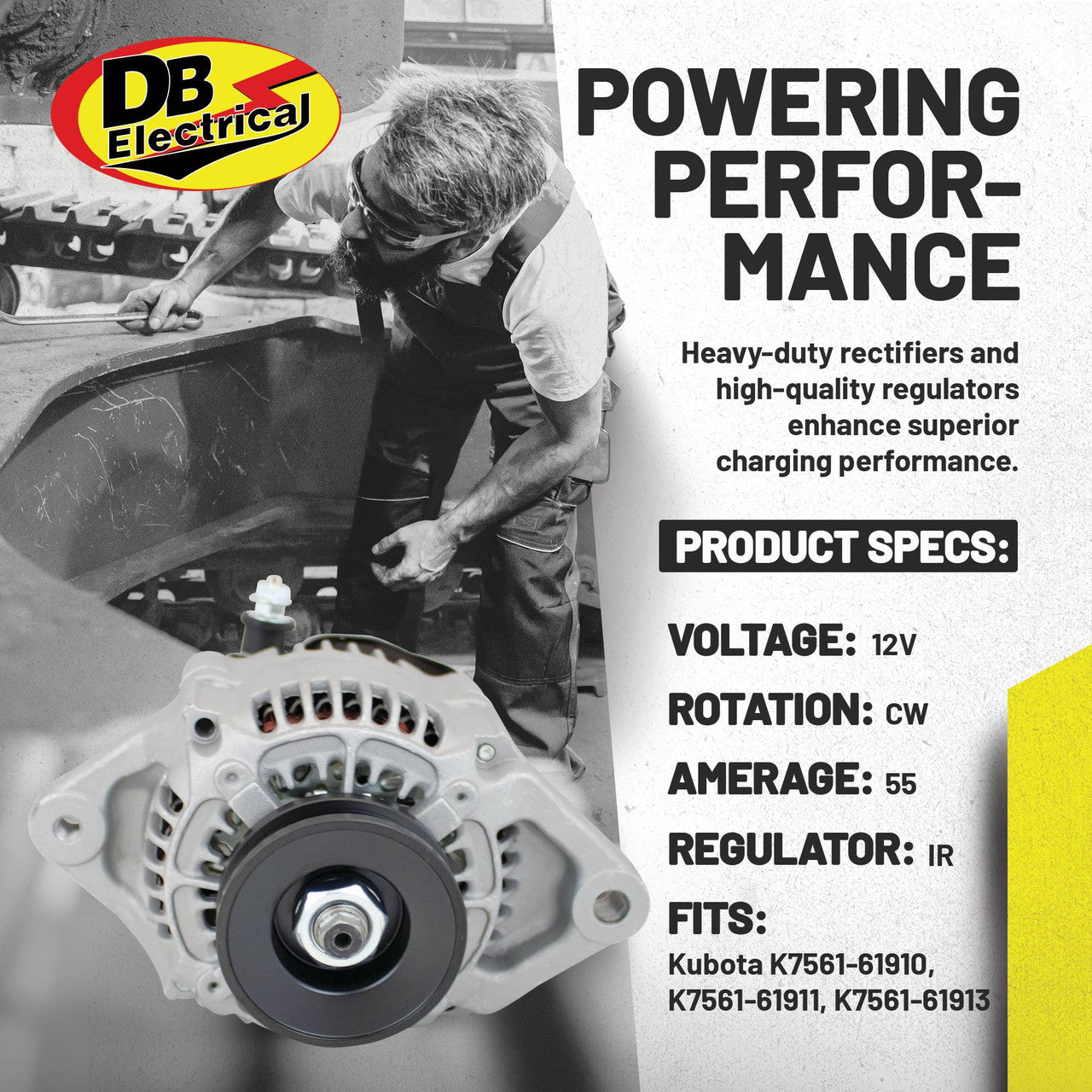 Alternator for Kubota RTV900, RTV1140 and RTV-X900 utility vehicles