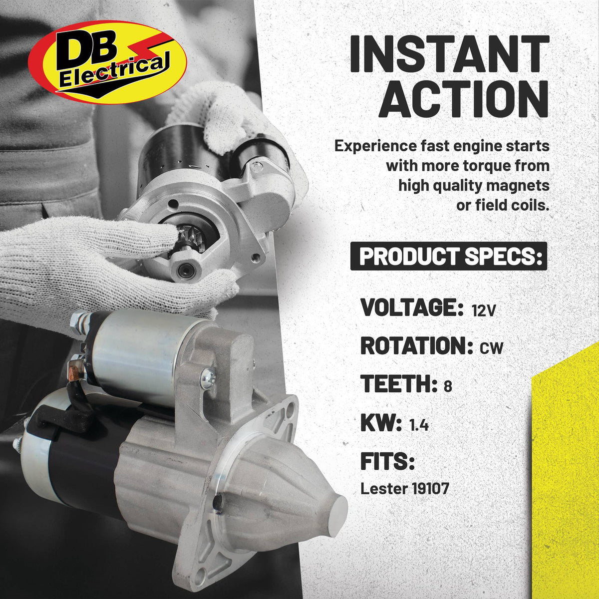Starter motor for Kubota and Grasshopper mowers - 12V, 8 tooth