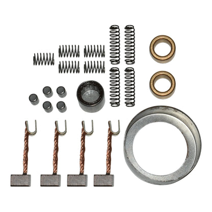 Set of carbon motor brushes, springs, bushings, and components on white background