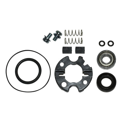 assorted mechanical repair parts including springs, screws, o-rings, bearing, and plastic mount on white background