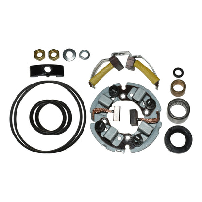 Electric motor brush holder kit with carbon brushes, springs, seals, nuts, and washers on white background