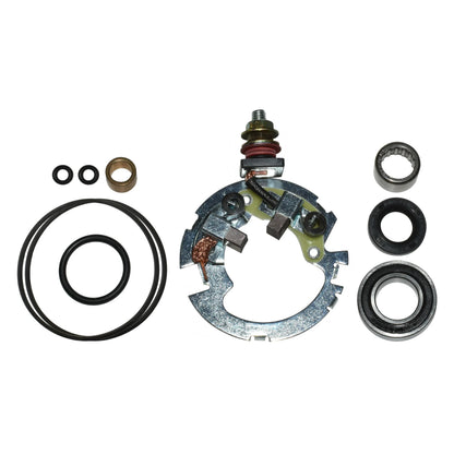 Electric motor brush holder kit with carbon brushes, O-rings, and bearings on white background