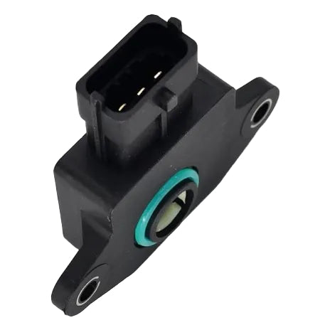 Black mechanical component with a green ring on a white background