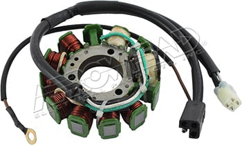 Motorcycle stator coil with wiring harness and connectors for engine electrical system