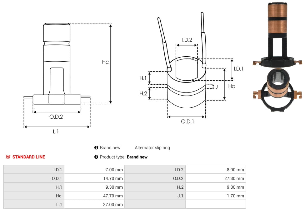 Alternator Slip Ring for Valeo Units PSH 072.100.002.440 - Audi BMW VW Mercedes