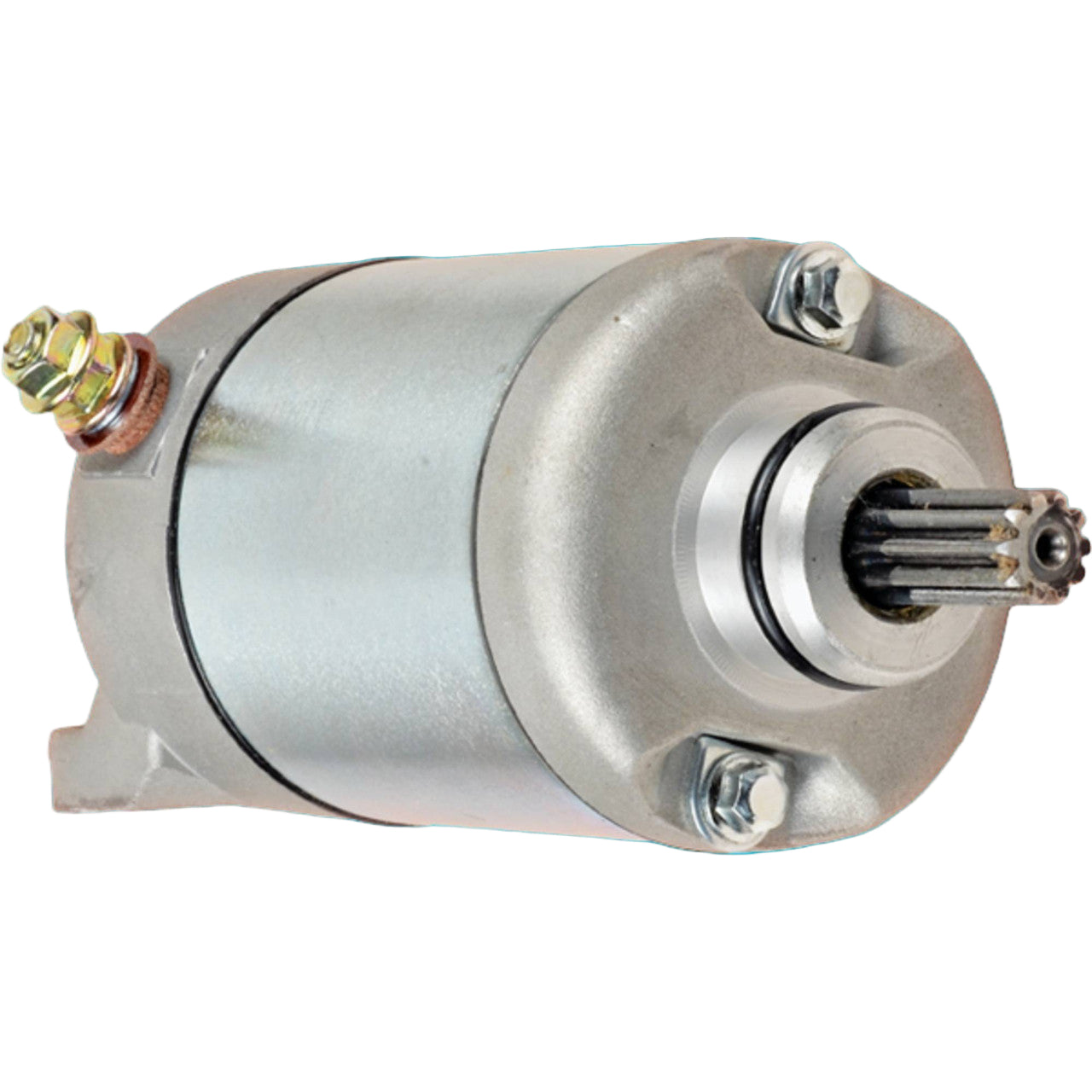 Metallic cylindrical component with threaded shaft on a blue background