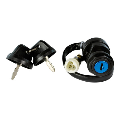 Yamaha YFB250 Timberwolf ignition key switch with two black plastic keys and connectors on white background