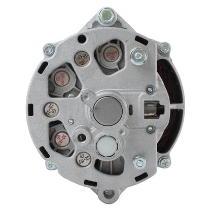 Close-up of a silver automotive alternator rear view showing electrical connections and mounting bolts