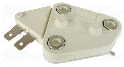 White triangular motorcycle electrical component with metal prongs and three metal fasteners