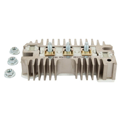 Delco RD-09H regulator rectifier with heat sink and three mounting nuts on white background