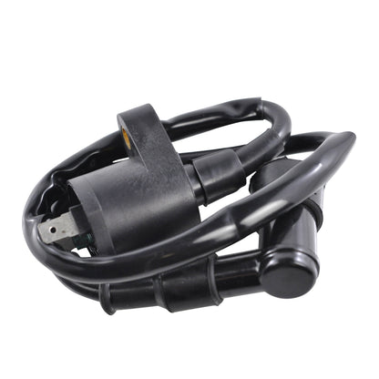 black external ignition coil with attached cables for Honda motorcycle, isolated on white background