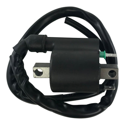 Black ignition coil with metal mounting brackets and coiled black wire for Honda TRX420 ATV