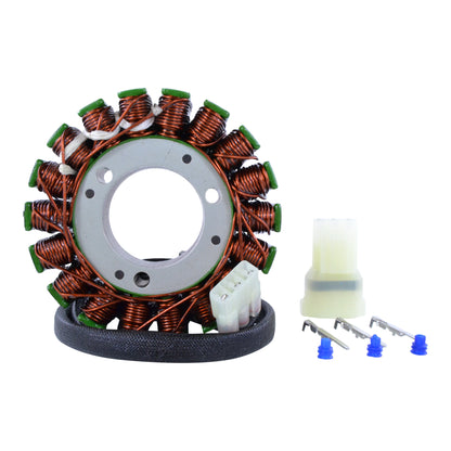Motorcycle stator coil with copper wiring and connector, plus electrical pins and plastic housing on white background
