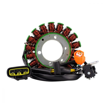 Honda TRX 500 generator stator with copper coils and wiring connectors on white background