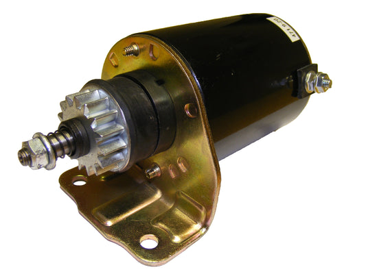 John Deere starter motor with metal gear and mounting bracket isolated on white background