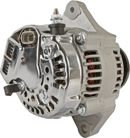Kubota V2203 engine alternator with polished metal housing and visible copper coils