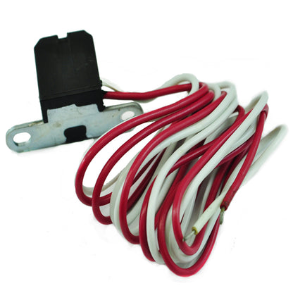 Electrical temperature sensor with red and white wires and metal mounting bracket