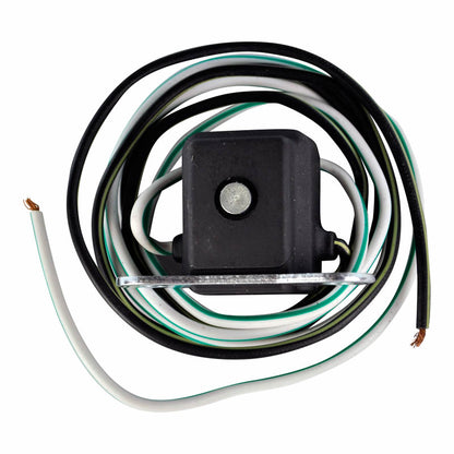 black electrical relay with coiled black, white, and green wires and exposed copper ends