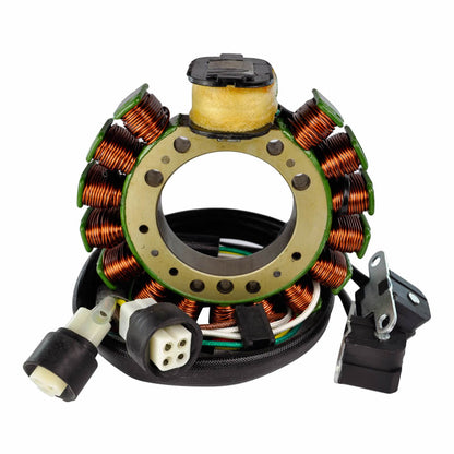 Motor stator coil with copper wire windings and electrical connectors isolated on white