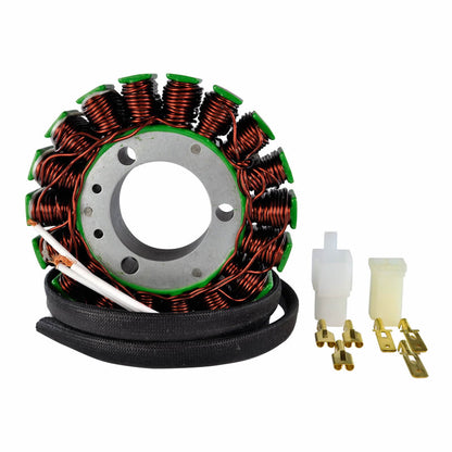 Copper coil stator with green insulation and attached black cable, two white plastic connectors with gold terminals