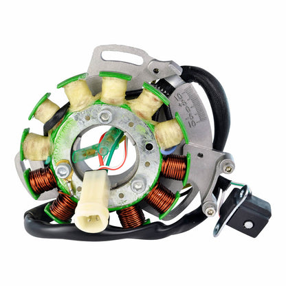 Motorcycle stator with copper coils and electrical wiring on a white background