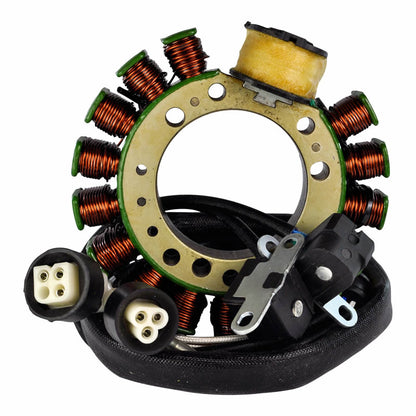 Motorcycle stator coil with copper wire windings and black electrical connectors on white background