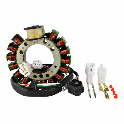 Motorcycle stator coil with copper wire windings and white electrical connectors
