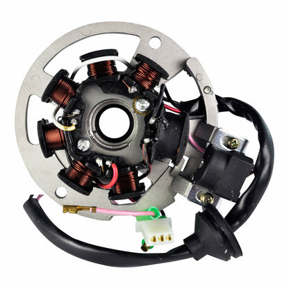 Motorcycle stator coil with copper wire windings, metal frame, and electrical connectors on white background