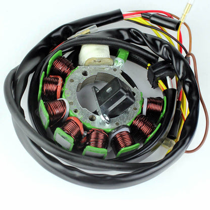 Motorcycle stator coil with copper wiring and attached electrical cables on white background