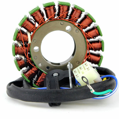 Circular stator coil with copper wiring, green insulation, and attached electrical connector with wires