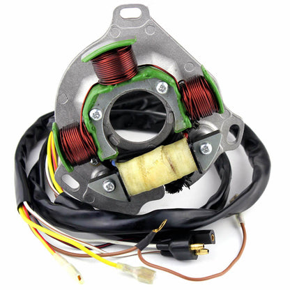 Motorcycle stator with copper coil windings and wiring harness on white background