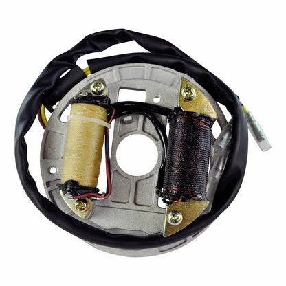 motorcycle ignition stator coil assembly with black and beige wire windings and attached wiring harness