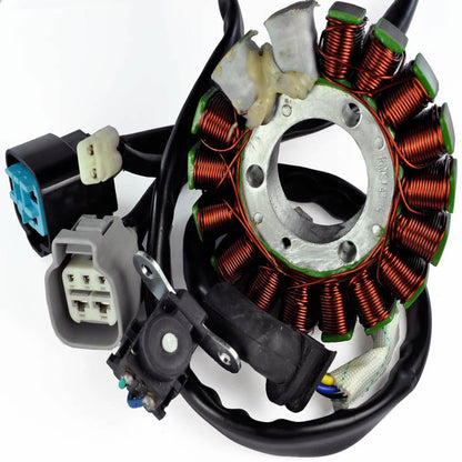Motorcycle stator coil assembly with copper wiring and electrical connectors on white background