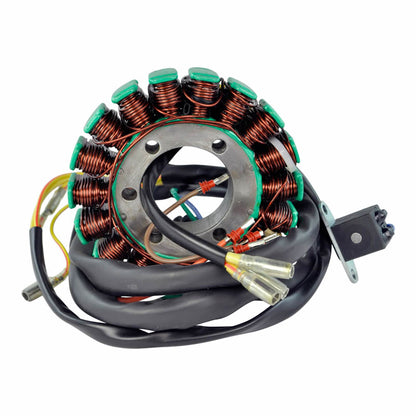Electric motor stator coil with copper windings and attached black cables on white background