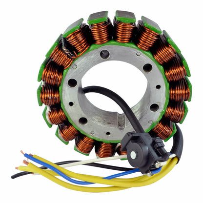 Electric motor stator with copper wire coils and yellow, blue, white, and black wires isolated on white