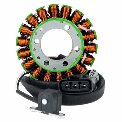 Motorcycle stator coil with copper wire windings and electrical connector on white background