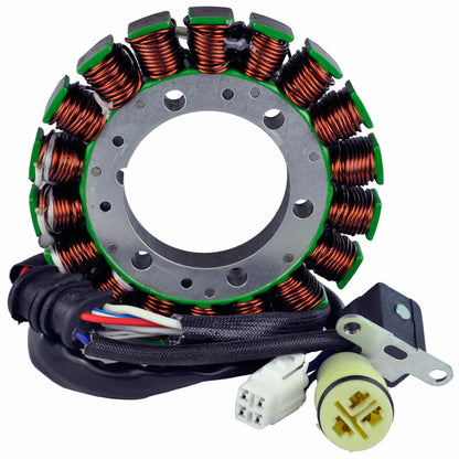Copper coil stator with multiple windings and attached wiring connectors on white background