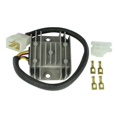 Motorcycle voltage regulator with black heat sink, wiring harness, and connectors on white background