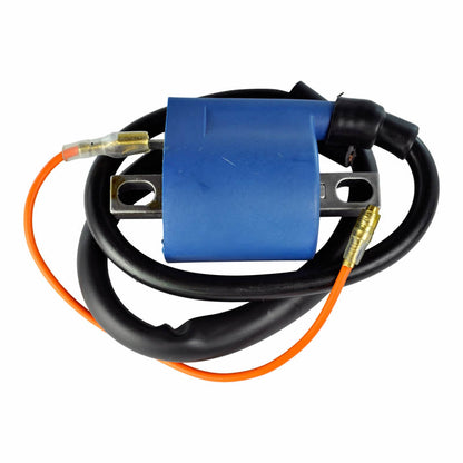 Blue ignition coil with black and orange wires on white background