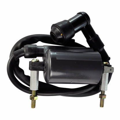 Black motorcycle ignition coil with attached spark plug wire on white background