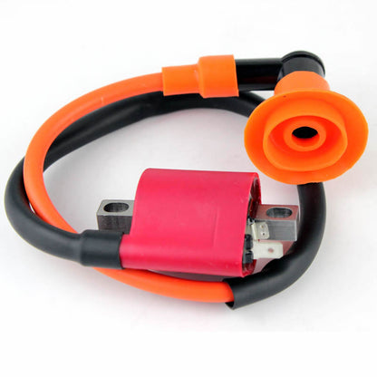 Red ignition coil with black and orange spark plug wire and orange boot on white background