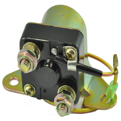 Close-up of automotive starter solenoid with metal terminals and mounting bracket