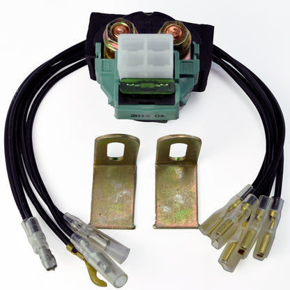 Motorcycle starter relay with protective brackets, multiple black cables, and transparent connectors