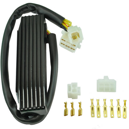 Black motorcycle voltage regulator rectifier with wiring harness and white connectors with gold terminals on white background
