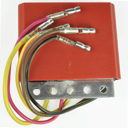 Rectangular red electrical component with attached yellow, pink, brown, and black wires and metal mounting bracket