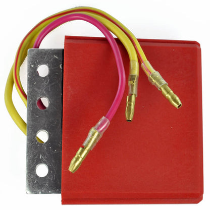 Red electronic component with metal bracket and yellow and pink insulated wires with brass connectors